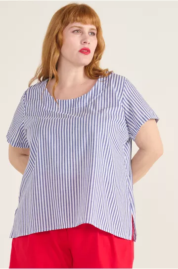 Blusa Social Botão Listra Azul - Plus Size - DELPHINA