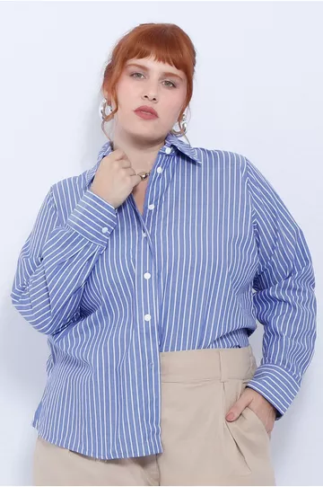 Camisa Social Algodão Azul Listra - Plus Size - DELPHINA