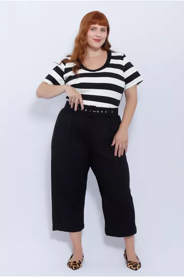 Calça Botões 2.0 Linho com Elastano Preta - Plus S... - DELPHINA