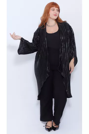 Quimono Plissado Preto Brilho - Plus Size - DELPHINA