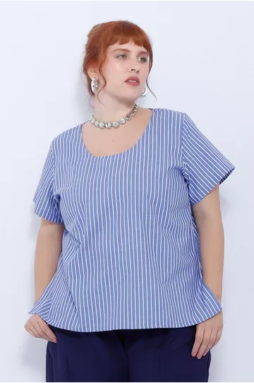Blusa Social Botão Azul Listrada - Plus Size - DELPHINA