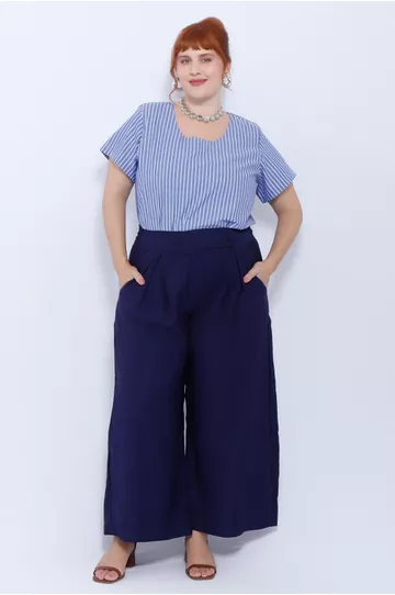 Calça Pantalona Social Viscose Azul Marinho - Plus... - DELPHINA