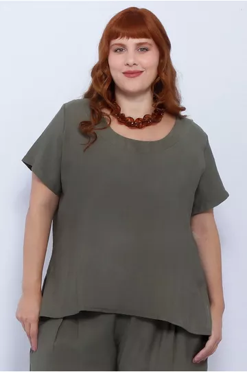 Blusa Social Botão Viscose Verde Militar - Plus Si... - DELPHINA
