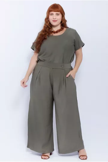 Calça Pantalona Social Viscose Verde Militar - Plu... - DELPHINA