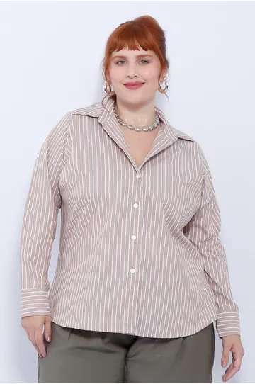 Camisa Social Algodão Fendi Listrada - Plus Size - DELPHINA