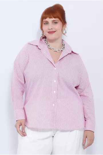 Camisa Social Algodão Listra Rosa - Plus Size - DELPHINA