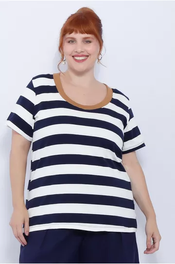 Blusa Premium Listra Azul Gola Caramelo - Plus Siz - DELPHINA