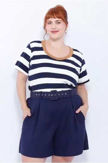 Short Botões Linho com Elastano Azul - Plus Size - DELPHINA