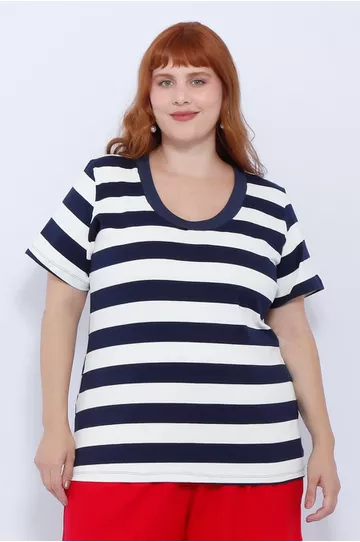 Blusa Premium Listra Azul Gola Azul - Plus Size - DELPHINA