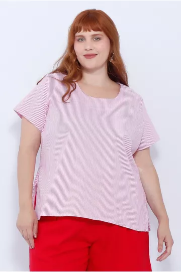 Blusa Social Botão Rosa Listrada - Plus Size - DELPHINA