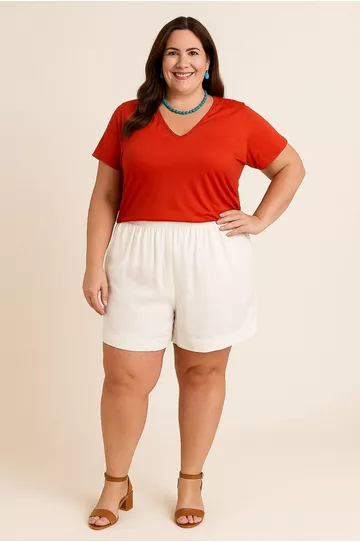 Blusa Podrinha Gola V Vermelho Coral - Plus Size - DELPHINA