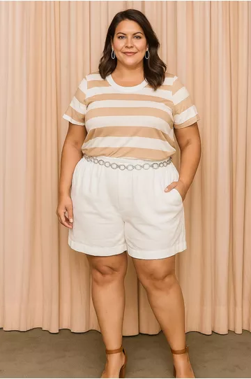 Blusa Premium Listra Bege Gola Off - Plus Size - DELPHINA