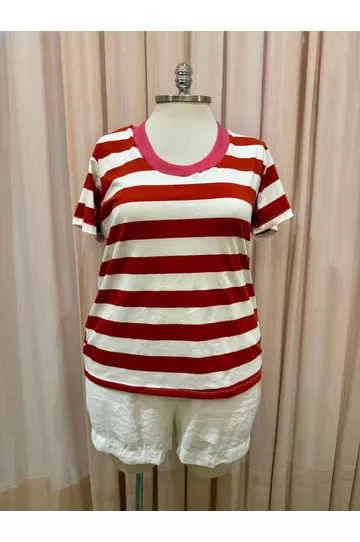 Blusa Premium Listra Vermelha Gola Pink - Plus Siz - DELPHINA