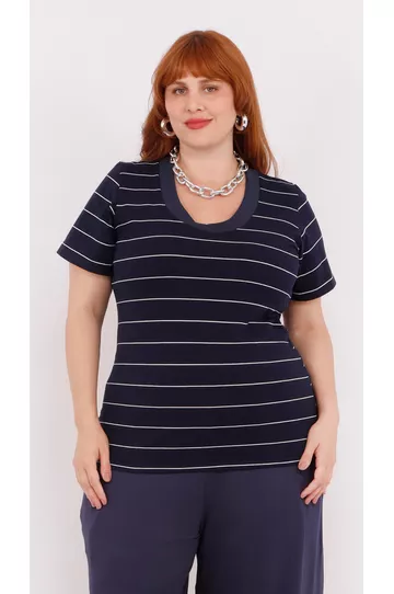 Blusa Malha Premium Azul Marinho Listra Fina - Plu... - DELPHINA