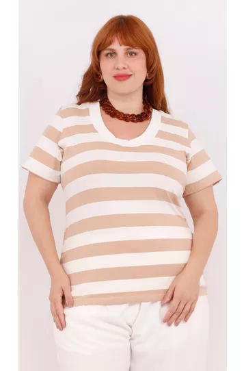 Blusa Premium Listra Bege Gola Off - Plus Size - DELPHINA