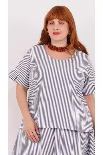 Blusa Social Algodão Listrada Azul - Plus Size - DELPHINA