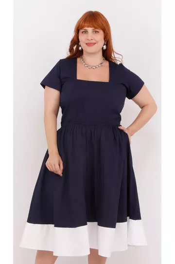 Vestido Algodão Azul Barra Branca - Plus Size - DELPHINA
