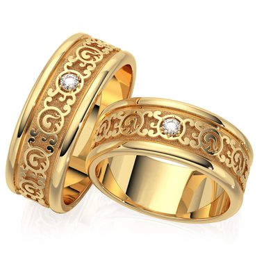 Aliança de Casamento Trabalhada Arabescos e Circulos com Diamantes - Ouro 18k - Helder Joalheiros 