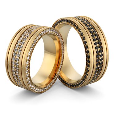 Alianças de Casamento Contemporâneas Contraste Radiante - com Diamantes Brancos e Diamantes Negros - Helder Joalheiros 
