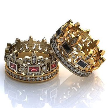 Aliança de Casamento Coroa em Ouro 18k com Pedras Preciosas e Diamantes - 12,0 Milímetros - Helder Joalheiros 
