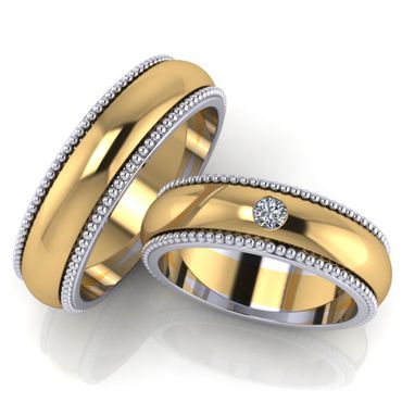 Alianças Harmonia Dual Bolinhas Bodas de Prata - Ouro 18k 750 - Com Diamante - Helder Joalheiros 