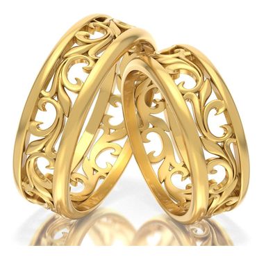 Alianças de casamento todo trabalhado com Flor de Liz Radiante - Ouro 18k - Helder Joalheiros 