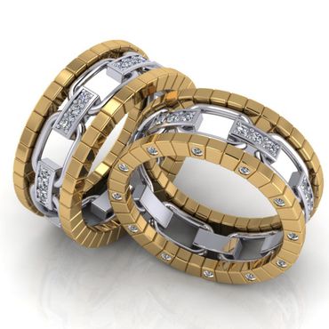 Aliança de Bodas de Prata Elos de Conecção em Duas Cores - Ouro 18k Com Diamantes - Helder Joalheiros 