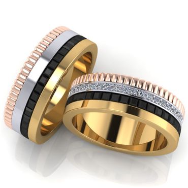 O Majestoso Par de Alianças Elegância e Luxo em Ouro Amarelo, Branco e Rosê - Brilhantes e Onix - Helder Joalheiros 