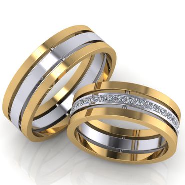 Alianças Três Aros Radiantes 7,5mm - Diamantes e Ouro 18k - Aro Central Cravejado - Helder Joalheiros 