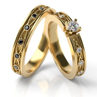 Aliança Solitário em Ouro 18k Trabalhado com Diamantes Branco e Diamante Black - Helder Joalheiros 