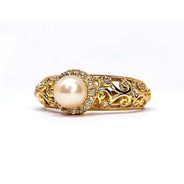 Anel em Ouro 18k Personalizado aro Trabalhado com Diamantes e Pérola Central - Helder Joalheiros 