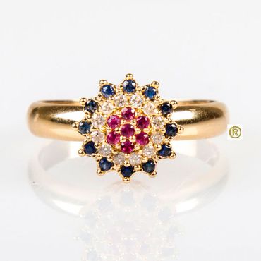 Anel em Ouro Amarelo 18k com Safira, Rubi e Brilhantes - Helder Joalheiros 