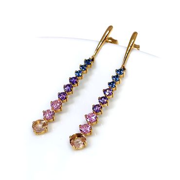 Brinco em Ouro 18k Palito Cravejado com Pedras coloridas - Helder Joalheiros 