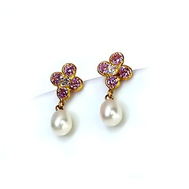 Brinco em Ouro 18k Florzinha com Zircônia Rosa e Pérola - Helder Joalheiros 