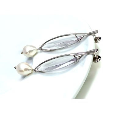 Brinco em Ouro Branco 18k Cristal Navete e Pérola - Helder Joalheiros 