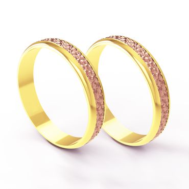 Aliança em Ouro Amarelo e Rosê 18k Trabalhada no centro para Bodas de Ouro - Helder Joalheiros 