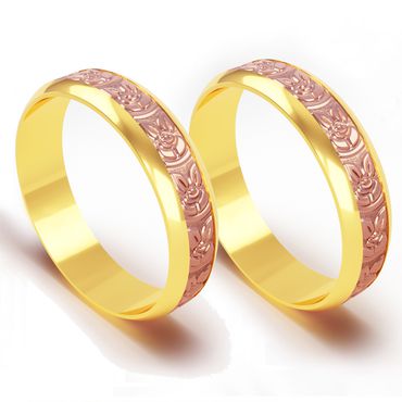 Aliança em Ouro Amarelo e Rosê 18k personalizada e trabalhada para Bodas de Ouro - Helder Joalheiros 