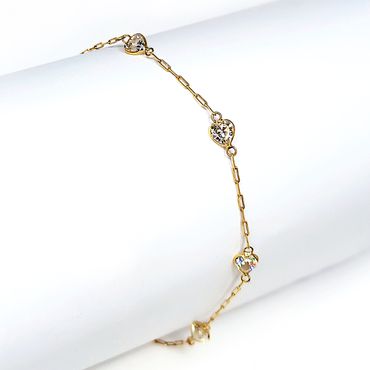 Pulseira em Ouro 18k 750 Infantil Cadeado Corações com Pedras - Helder Joalheiros 