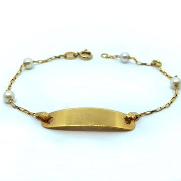 PULSEIRA EM OURO AMARELO 18K 750 INFANTIL PLACA PERÓLAS 3MM - Helder Joalheiros 