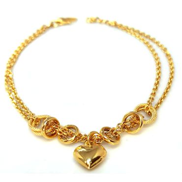 Pulseira Dupla em Ouro18k com Elos Centrais e Pingente Coração - Helder Joalheiros 