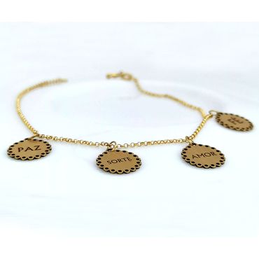 Pulseira em Ouro 18k 750 Elo Português com Pingentes Paz/ Sorte/ Amor/ Fé - Helder Joalheiros 