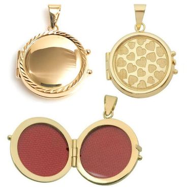 Pingente Relicário Corações Delicados Estampados Redondo em Ouro 18k - Helder Joalheiros 