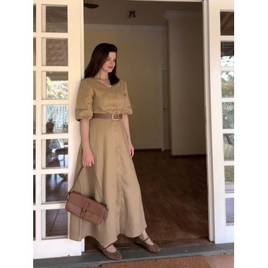 Vestido Maxi Midi Lorena Puro Linho Cappuccino