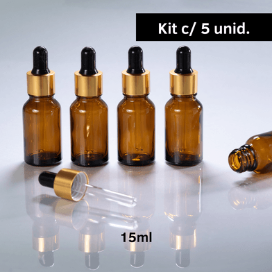 Frasco De Vidro Âmbar Conta-Gotas 15ml Kit c/5 - Dourado - Aroma Acessórios