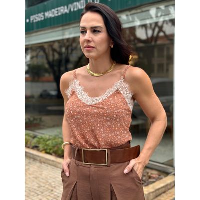Blusa Alça com Renda Floral Nude