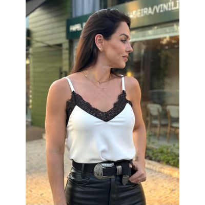 Blusa Alça com Renda Crepe de Viscose Off White