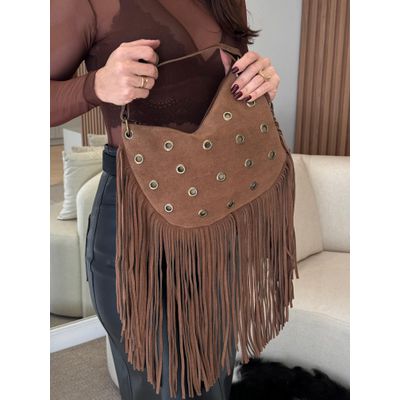 Bolsa em couro camurça com franjas Lauana