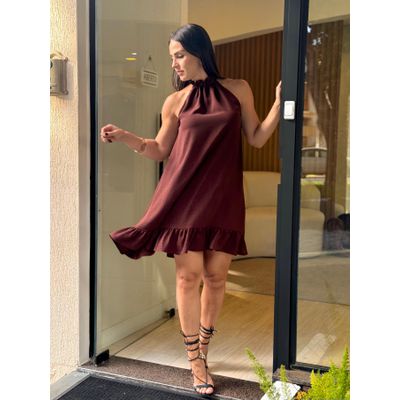 Vestido Crepe Evasê Constance Marrom 