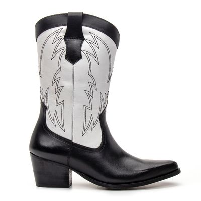 BOTA TEXANA CANO MÉDIO FEMININA COURO PRETO E BRAN... - COUROWEST