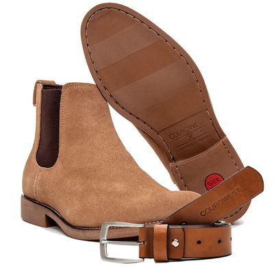 KIT BOTA CHELSEA E CINTO COURO CAMURÇA AREIA - COUROWEST